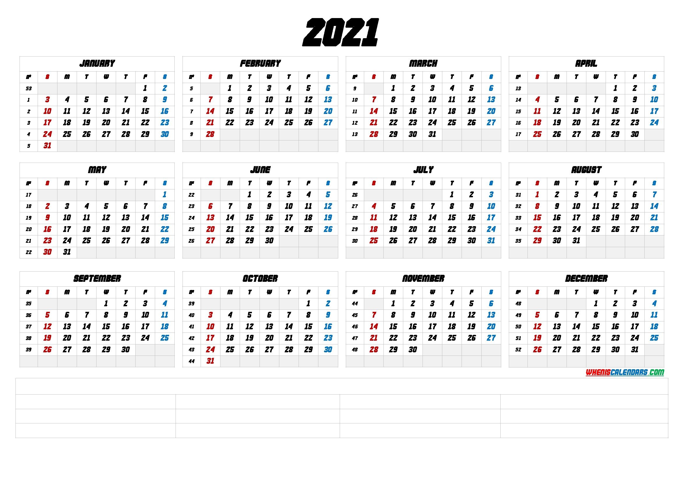 2021 Free Printable Yearly Calendar With Week Numbers (6