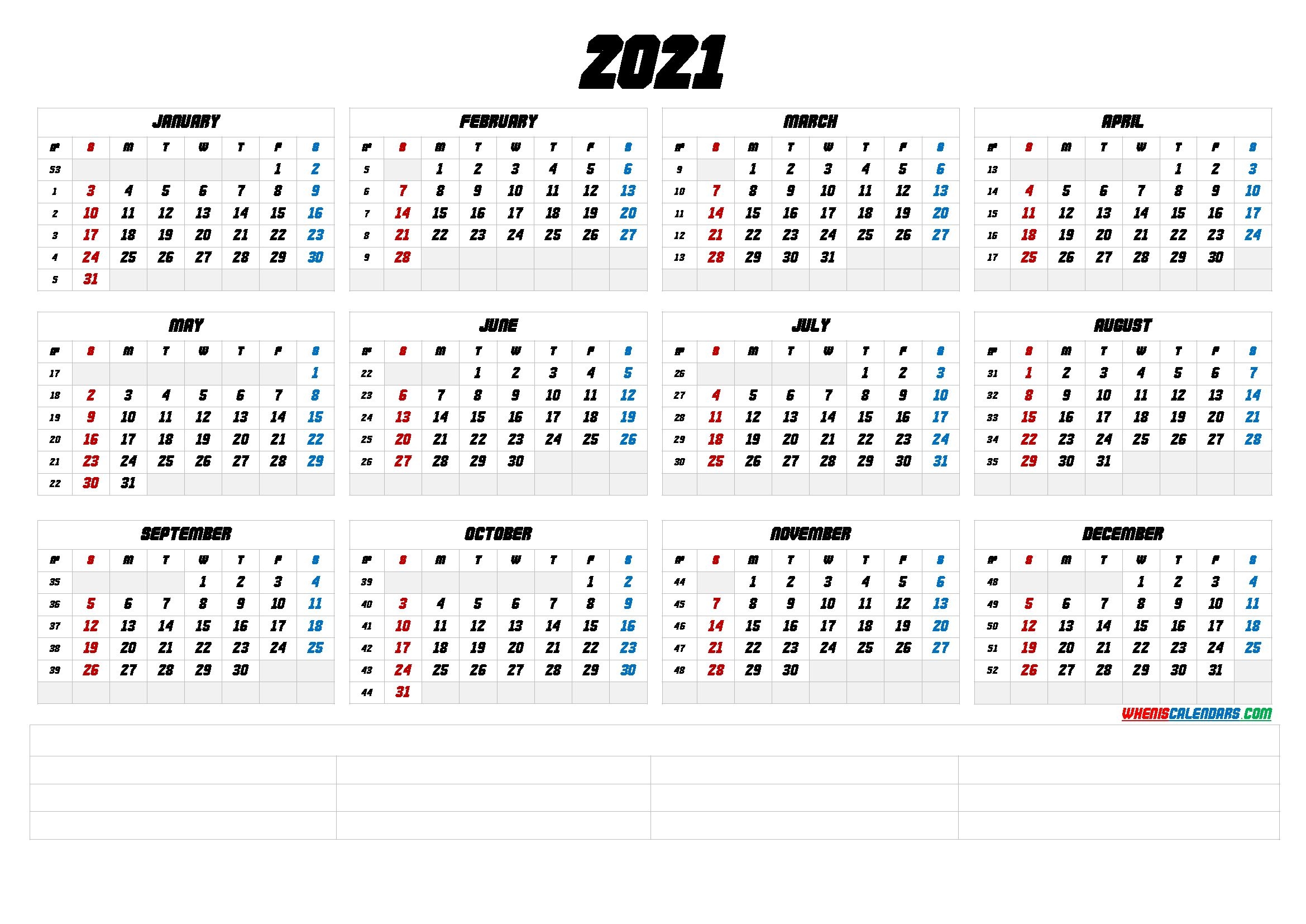 2021 free printable yearly calendar with week numbers (6