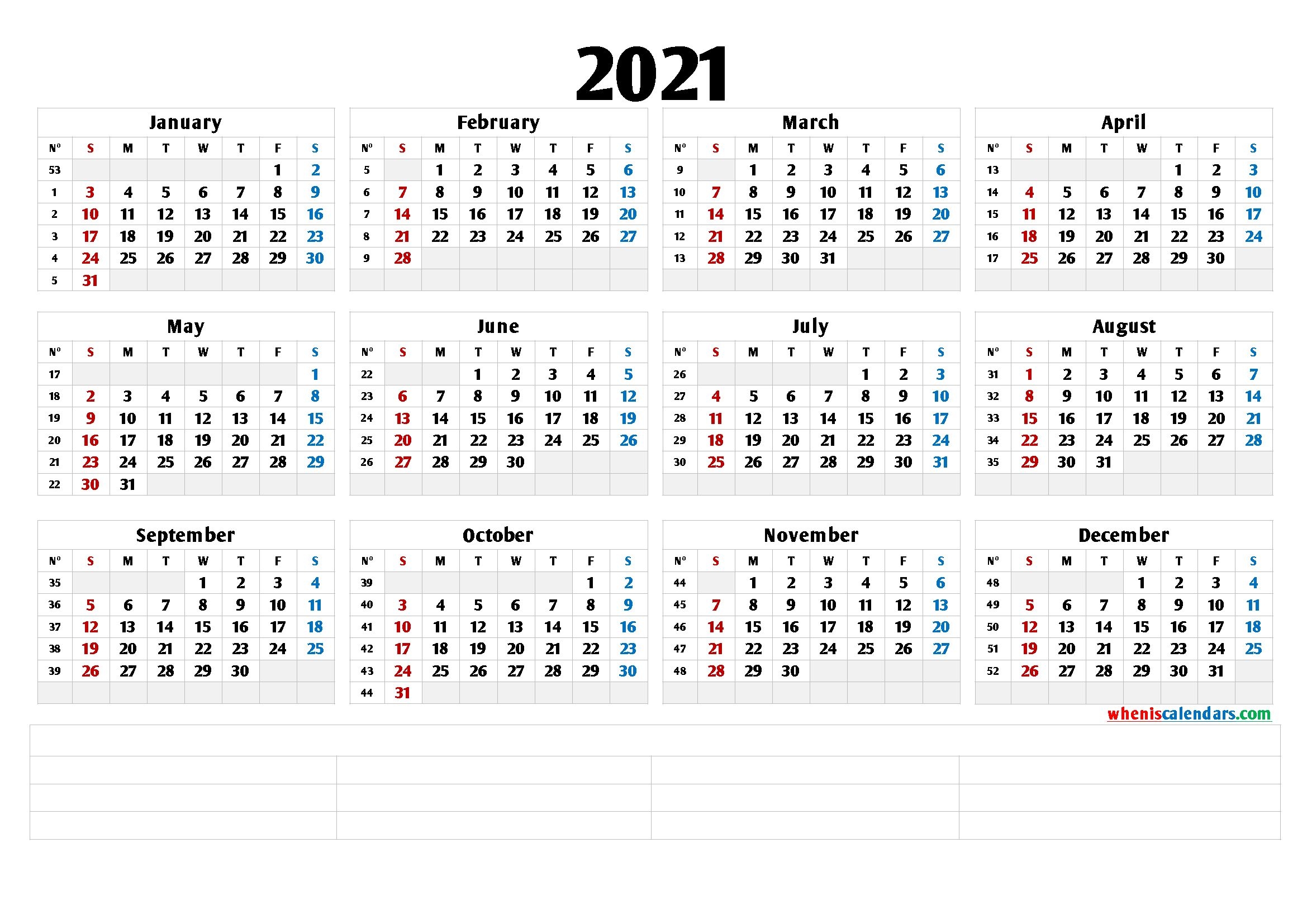 2021 free printable yearly calendar with week numbers