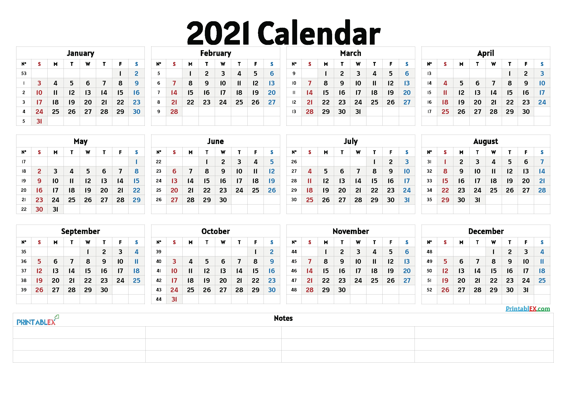 2021 free printable yearly calendar with week numbers