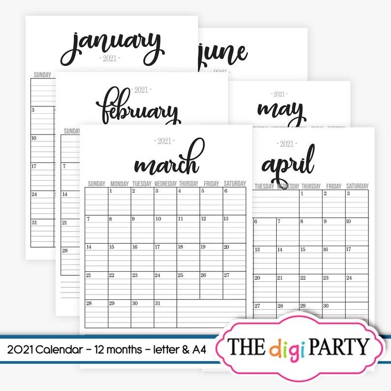 2021 lined monthly calendars full year pdf printable | etsy