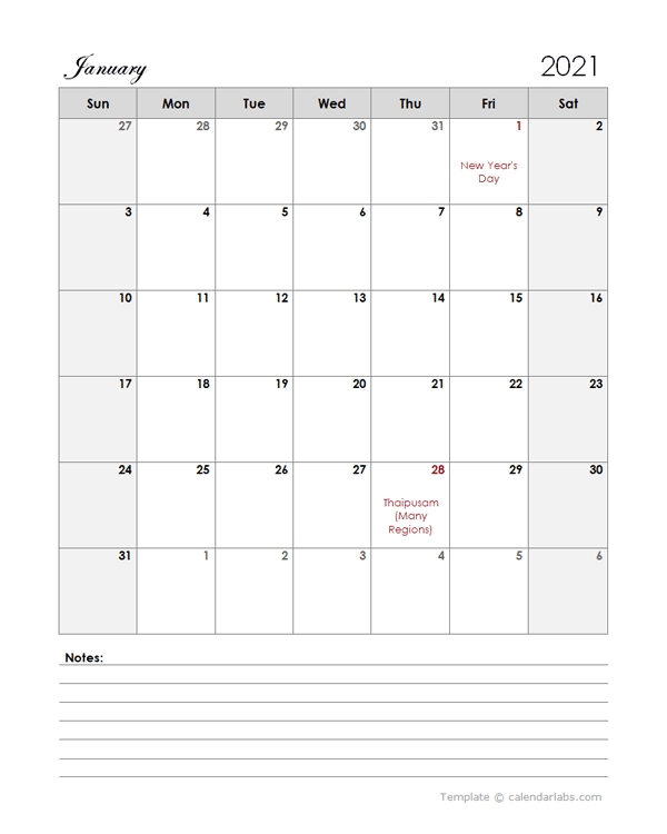 2021 Malaysia Calendar Template Large Boxes Free