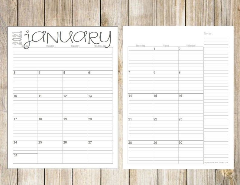 2021 monthly 2 page lined calendars full year printable | etsy