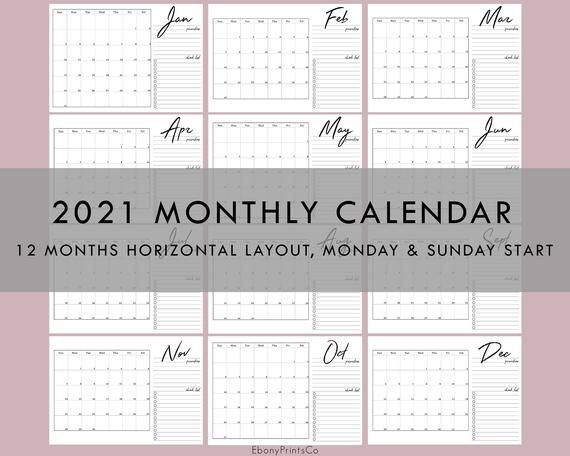 2021 monthly calendar horizontal 12 months planner | etsy