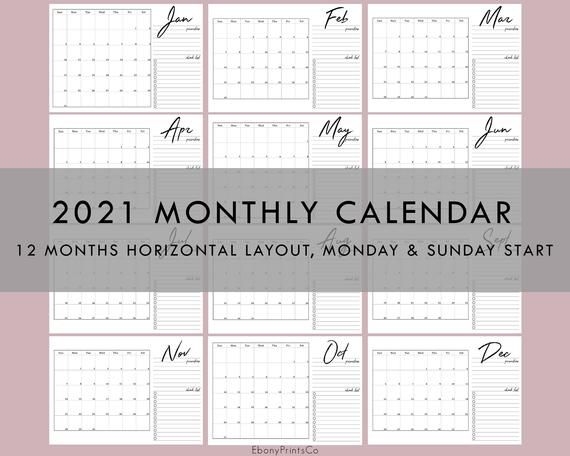 2021 Monthly Calendar Horizontal 12 Months Planner | Etsy