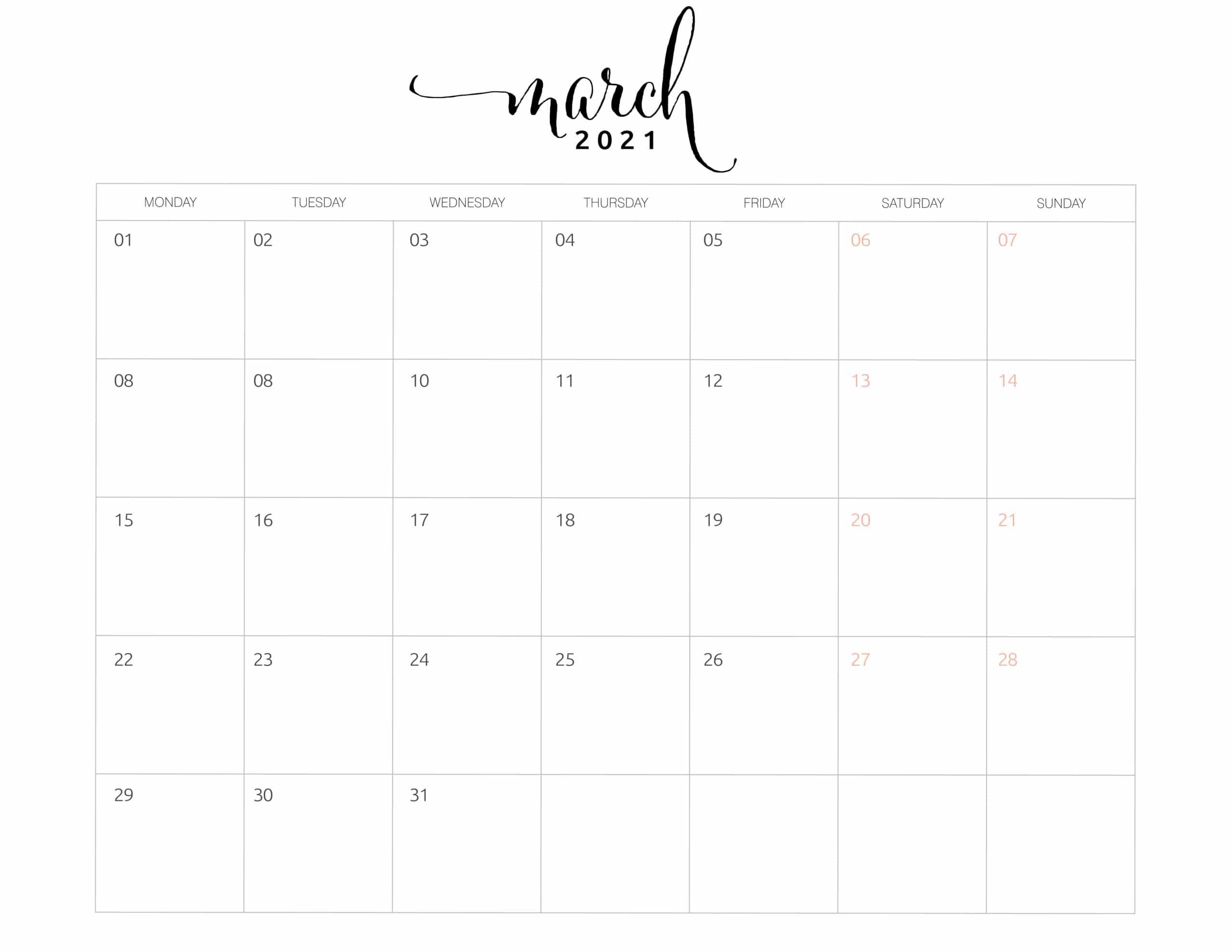 2021 Monthly Calendar Monday Start World Of Printables