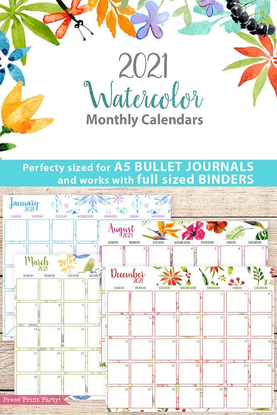 2021 monthly printable calendars, watercolor press print