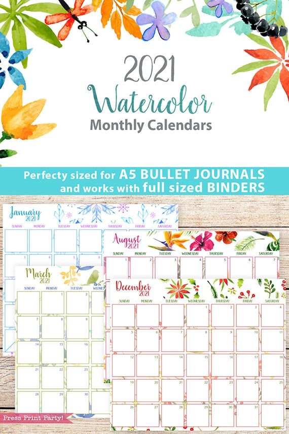 2021 Monthly Printable Calendars, Watercolor Press Print