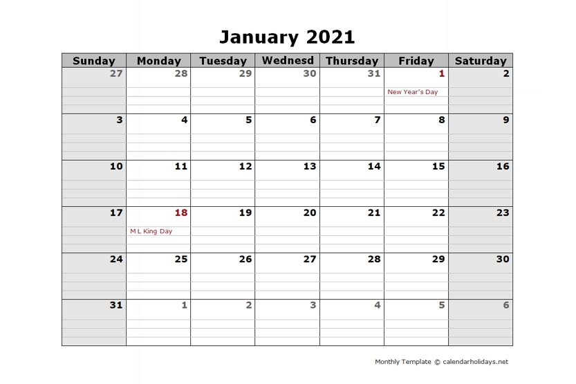 2021 Monthly Template Calendarholidays