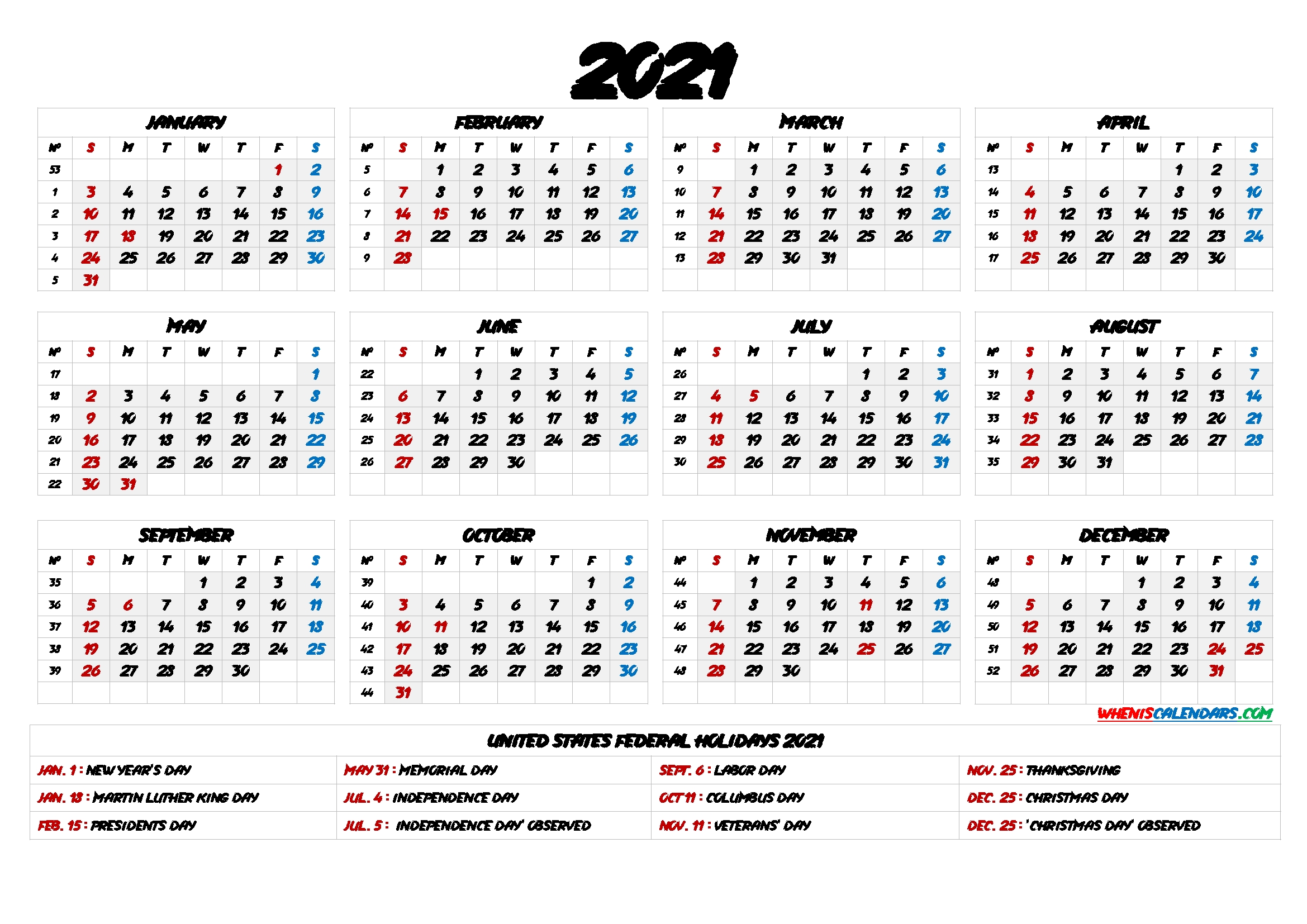 2021 one page calendar printable 6 templates | free