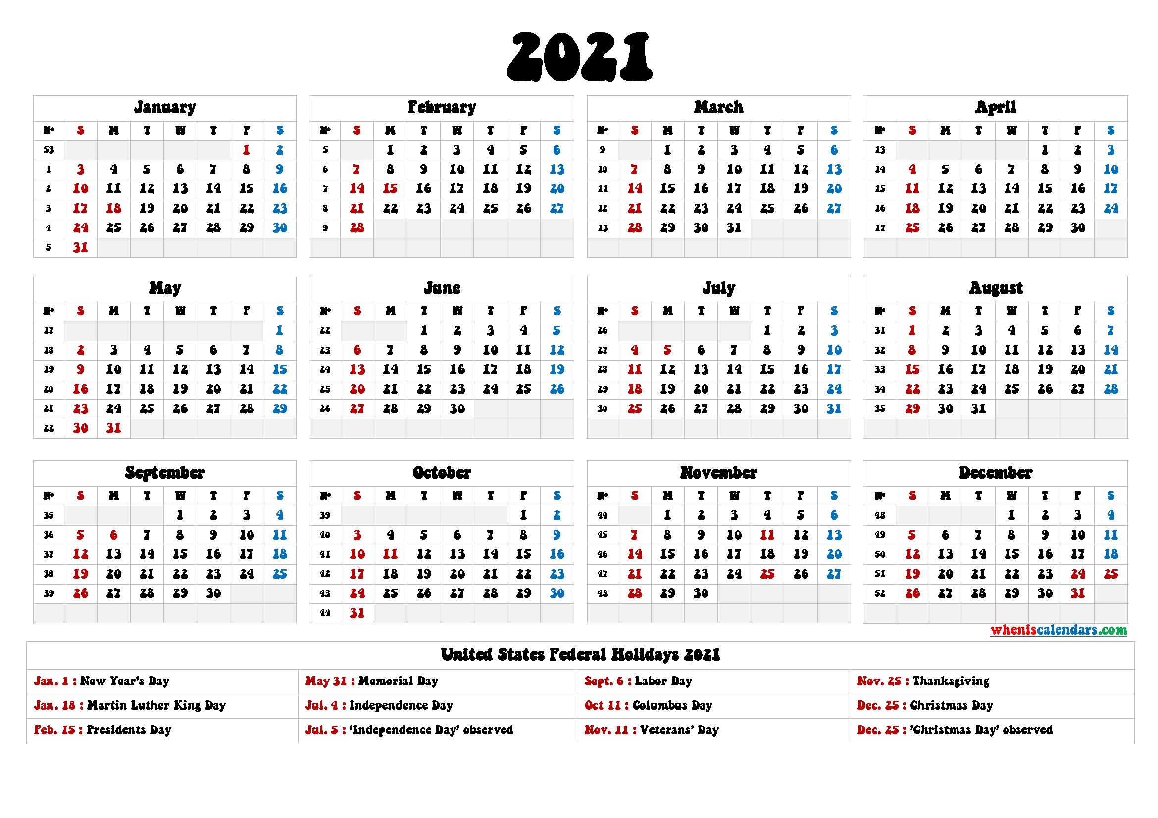 2021 one page calendar printable 9 templates