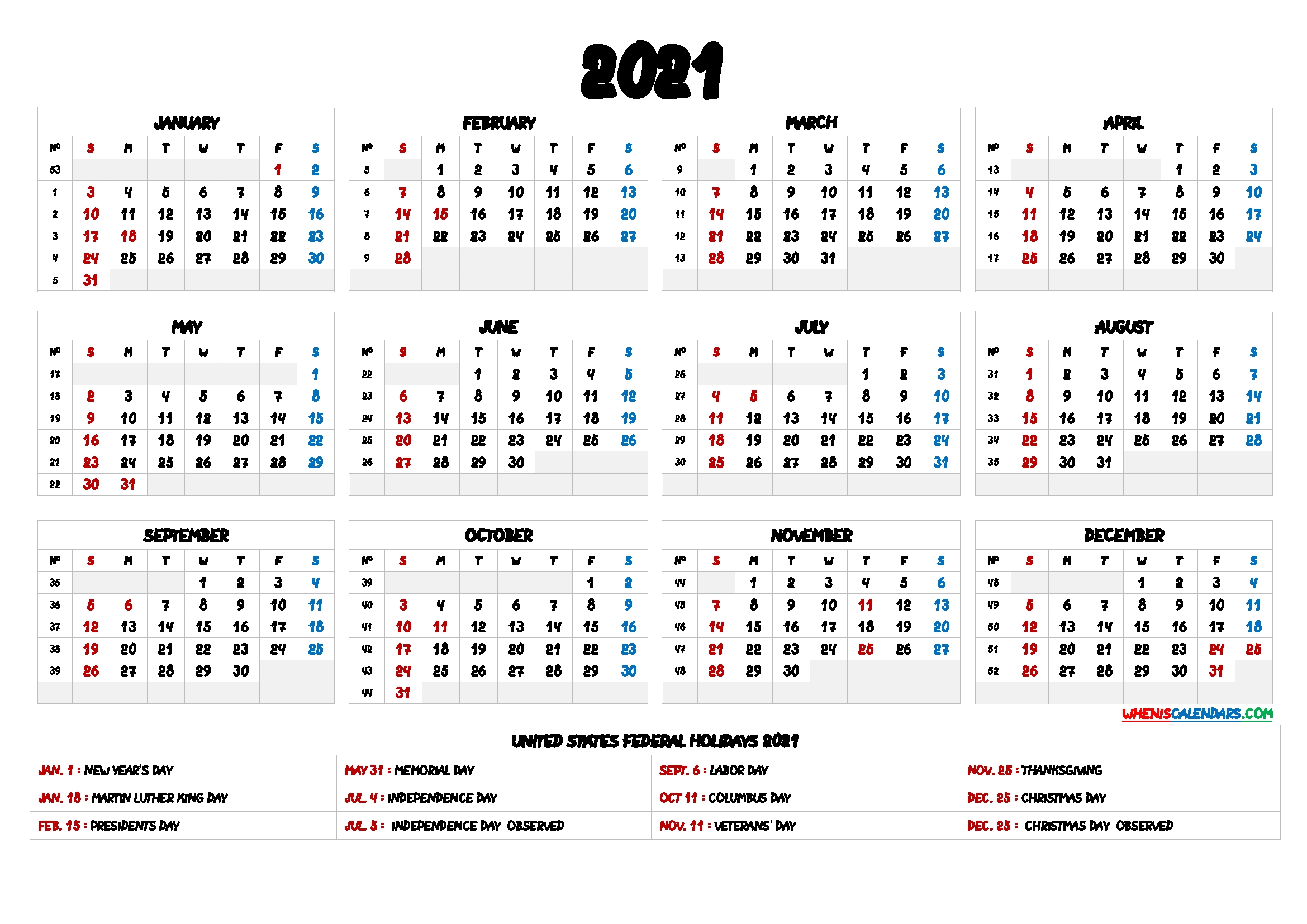 2021 one page calendar printable 9 templates