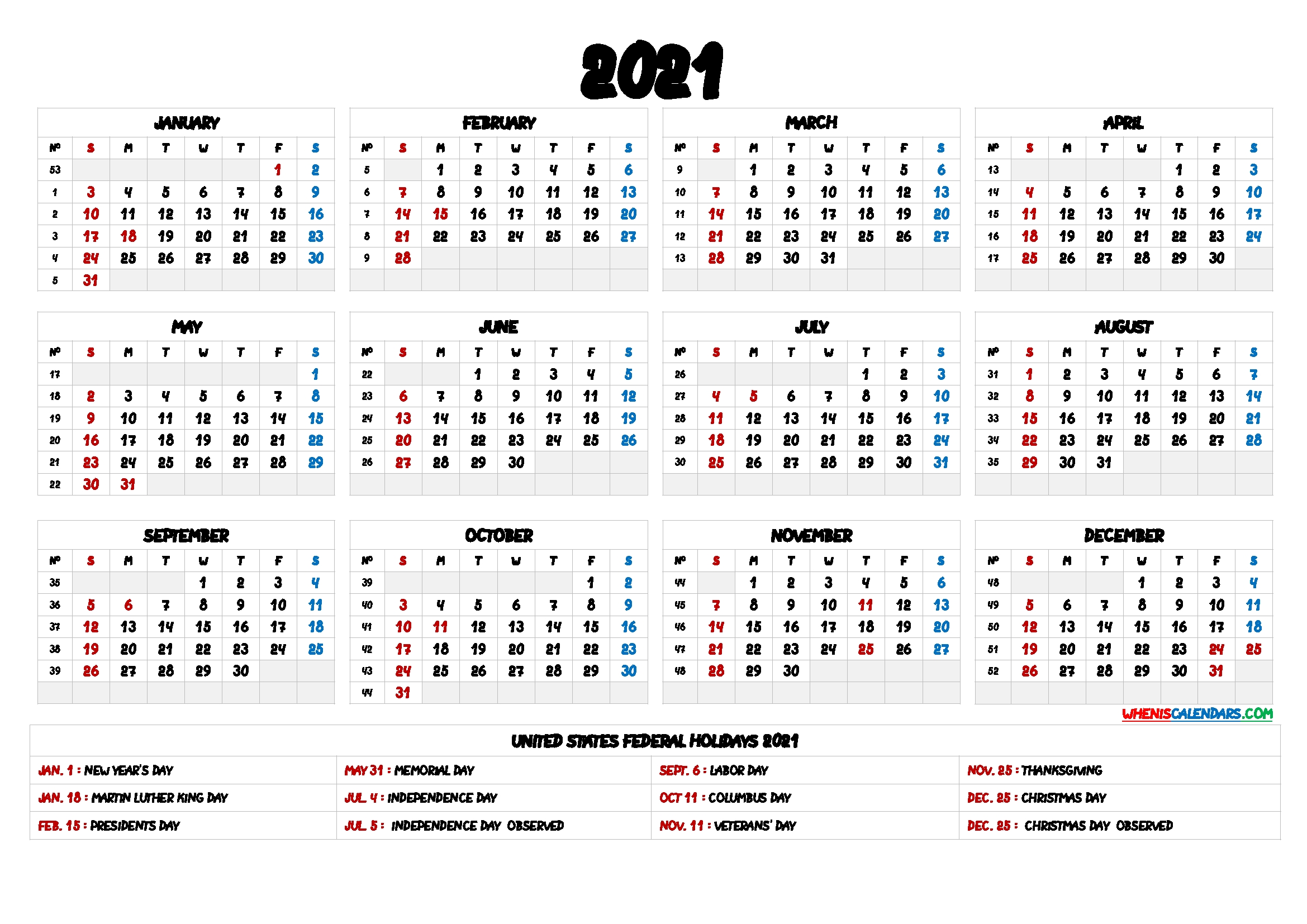 2021 One Page Calendar Printable 9 Templates