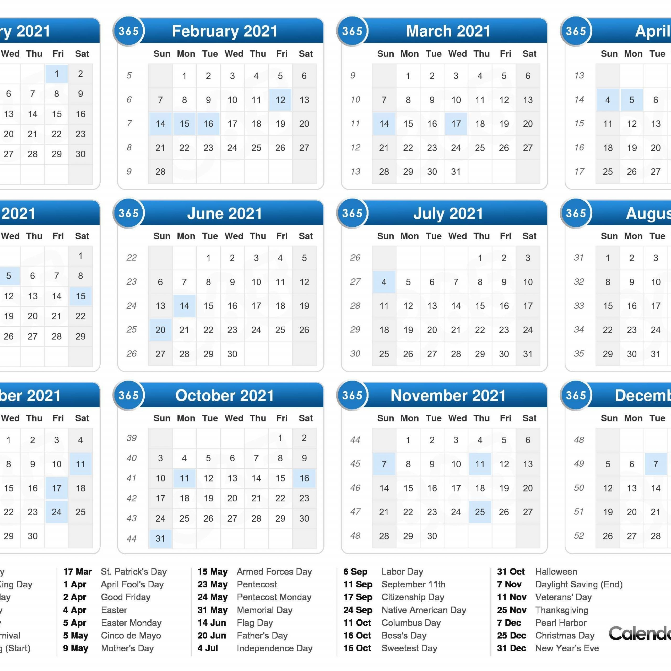 2021 One Page Calendar With Week Numbers | Free Printable