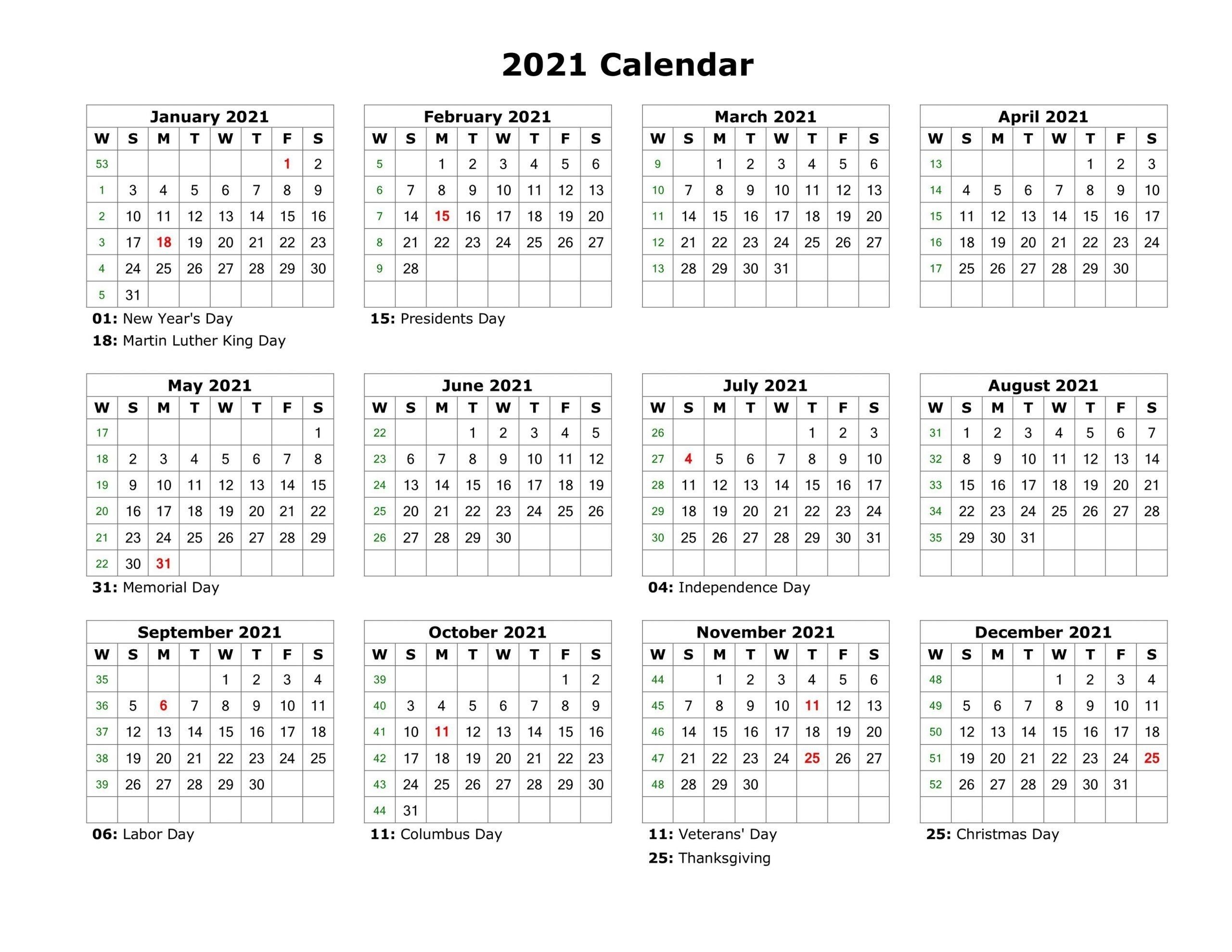 2021 Printable Calendar Free Full Page Template Calendar