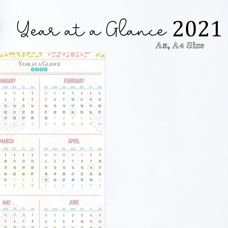 2021 Printable Calendar Year At A Glance 2021 Calendar | Etsy