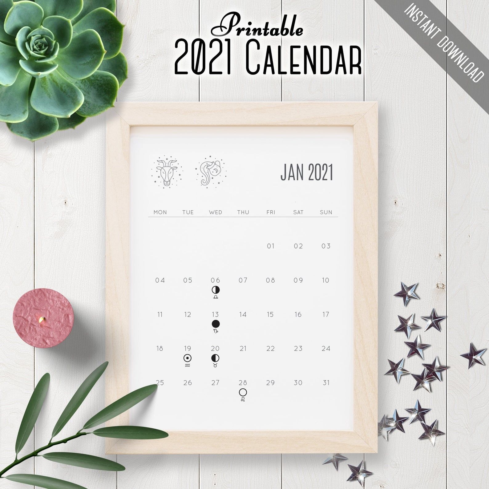 2021 printable calendar zodiac signs moon phases desk | etsy