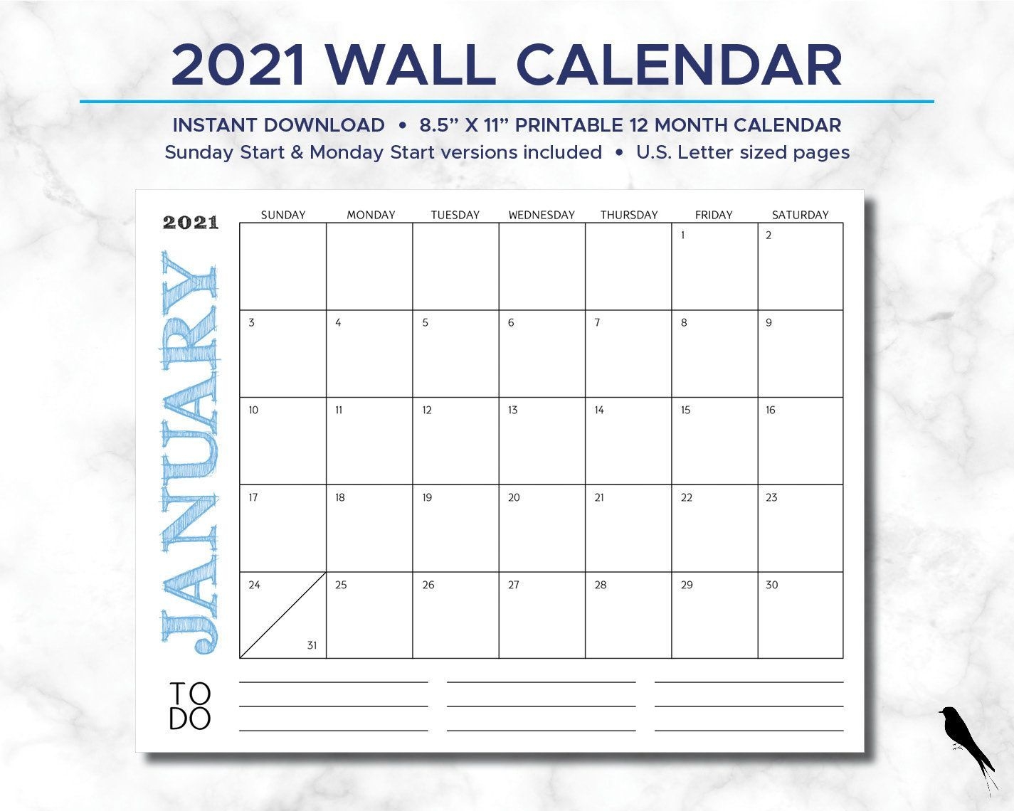 2021 Printable Wall Calendar Simple Modern Rustic Font