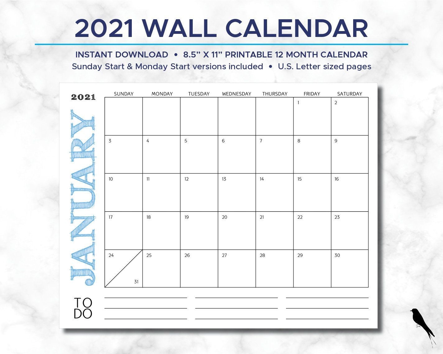 2021 printable wall calendar simple modern rustic font