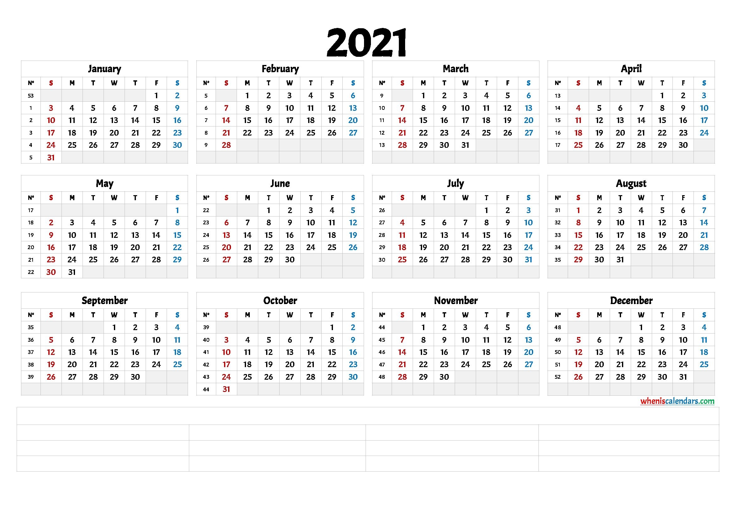 2021 printable yearly calendar with week numbers