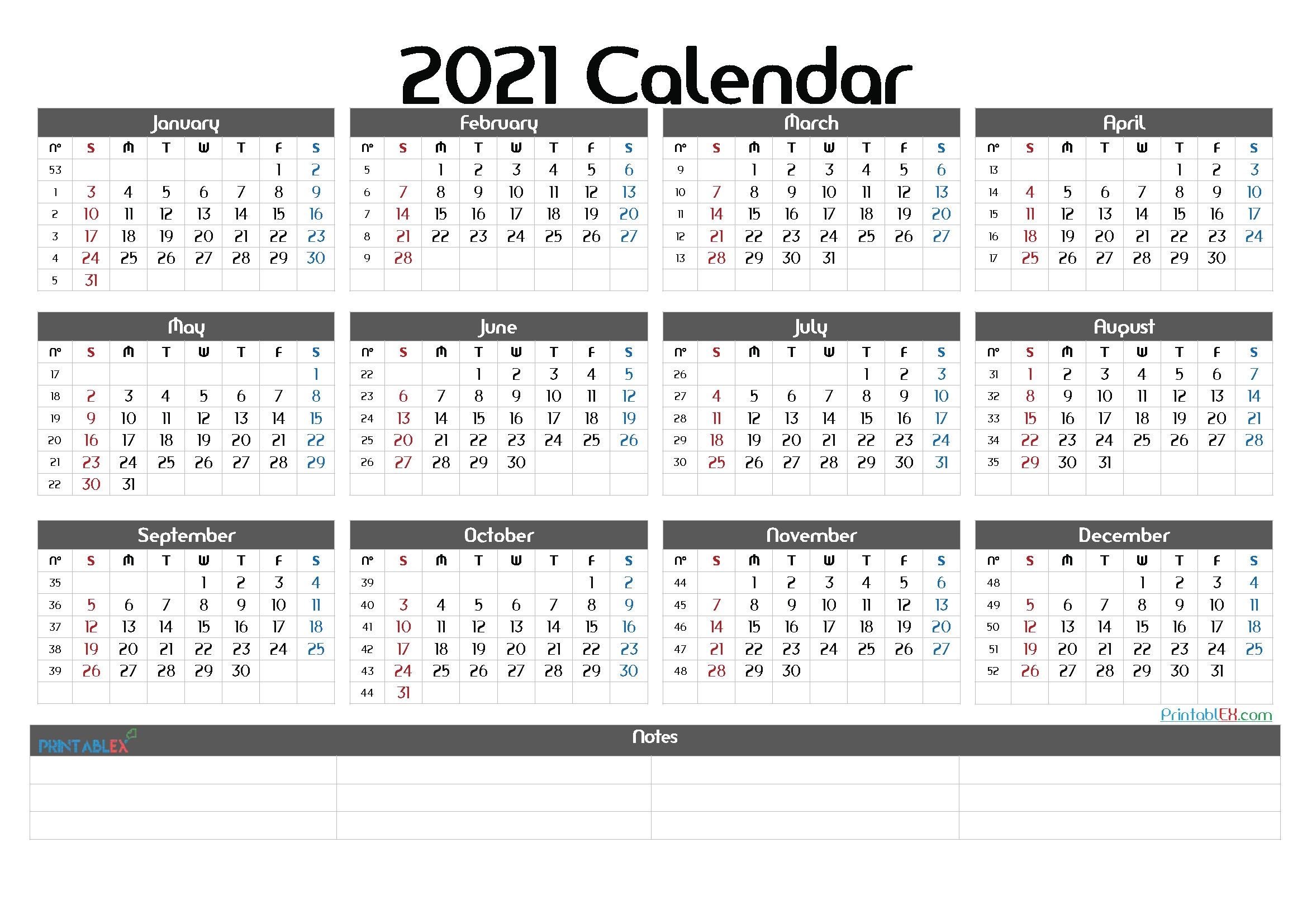 2021 printable yearly calendar with week numbers 21ytw73