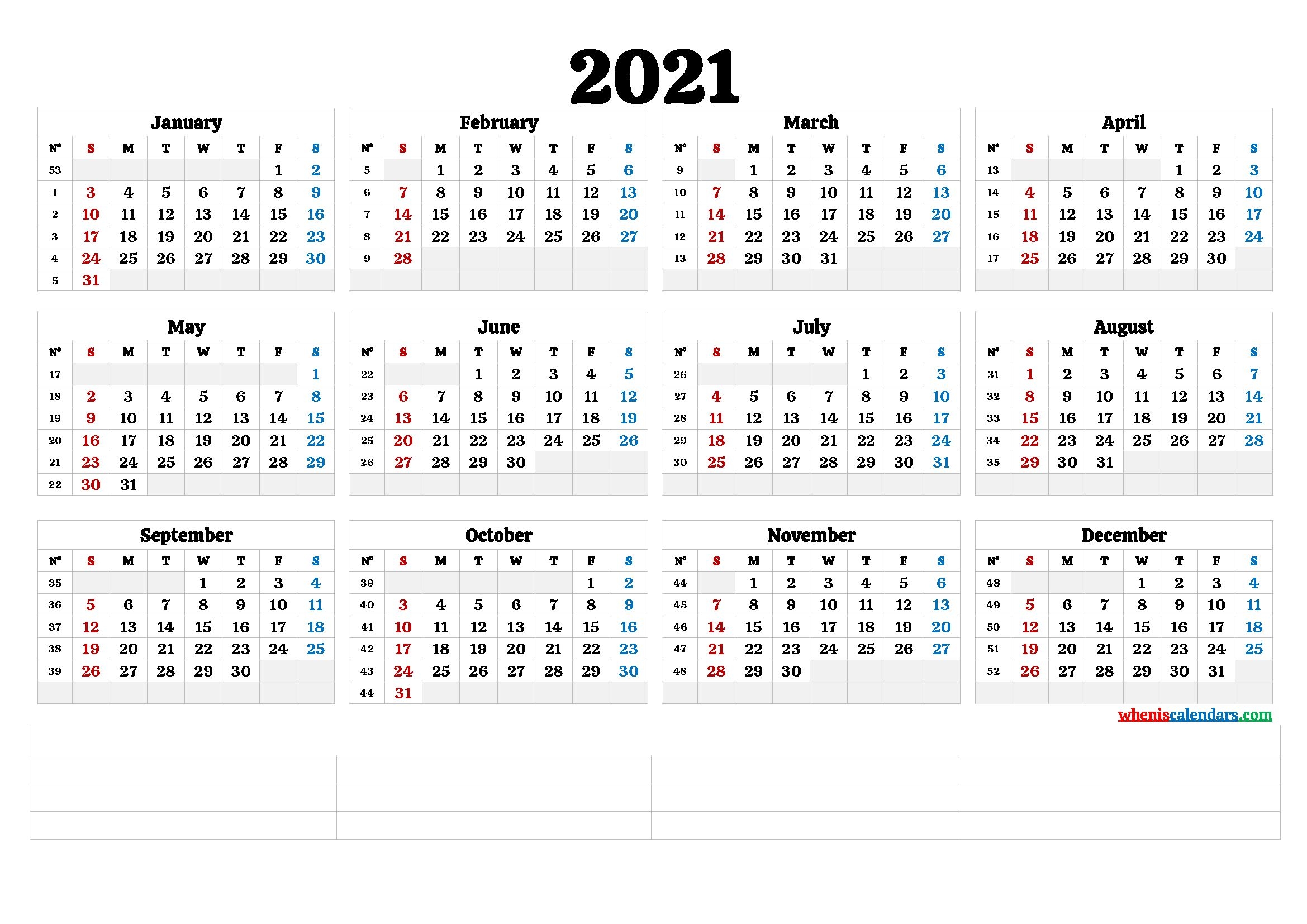 2021 printable yearly calendar with week numbers