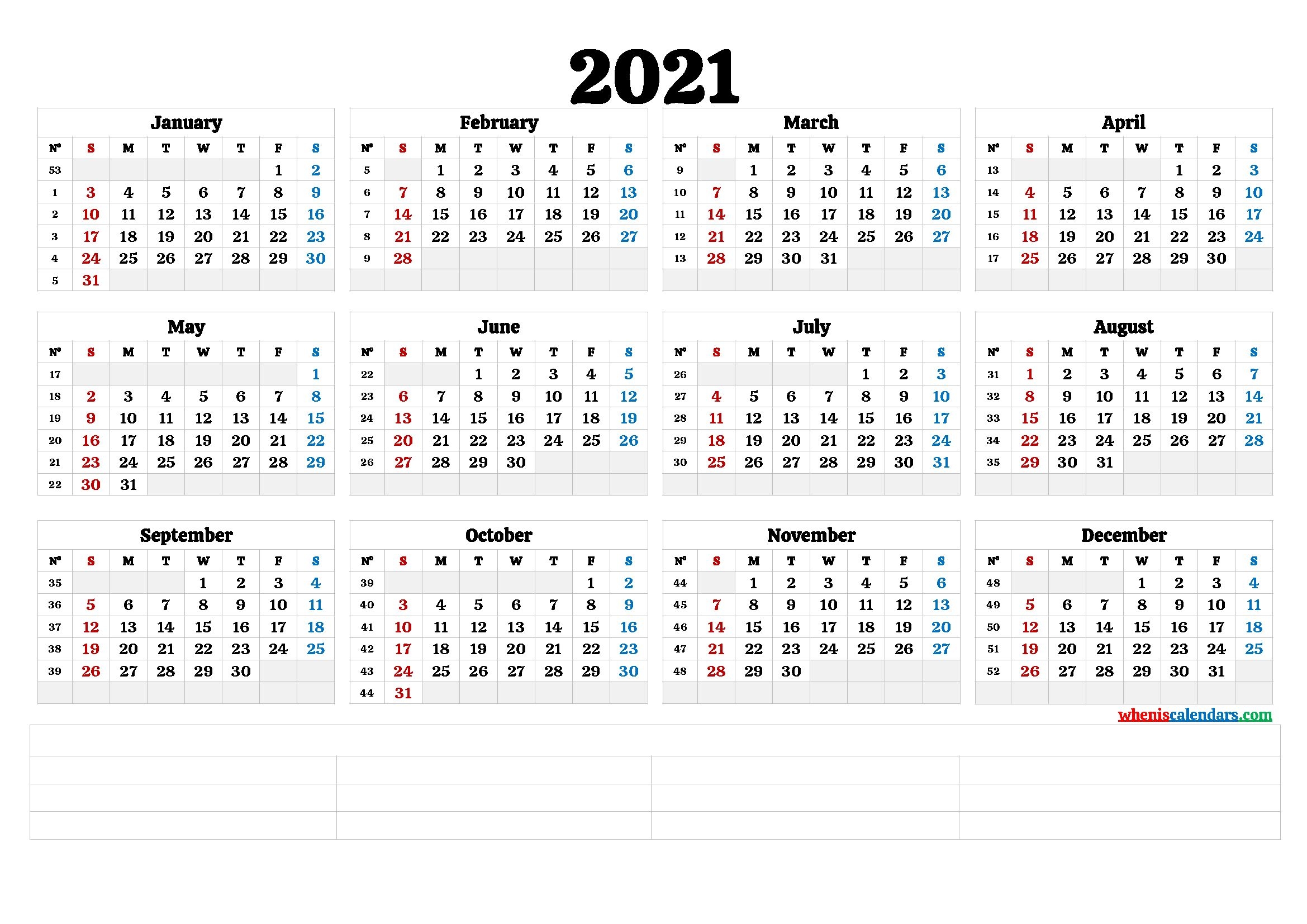 2021 Printable Yearly Calendar With Week Numbers