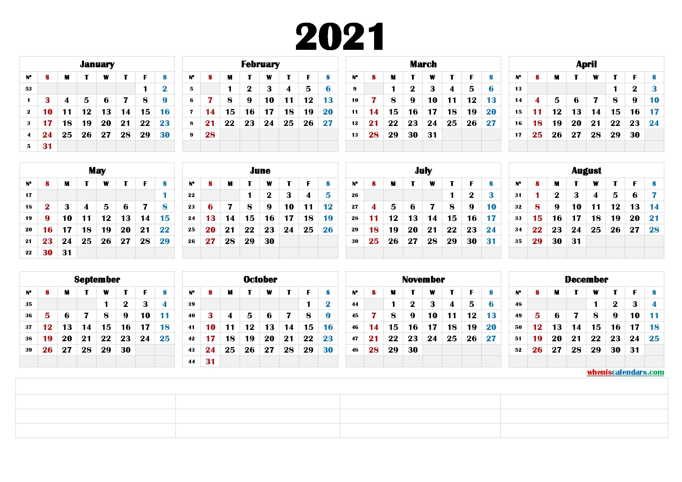 2021 printable yearly calendar with week numbers (6 templates)