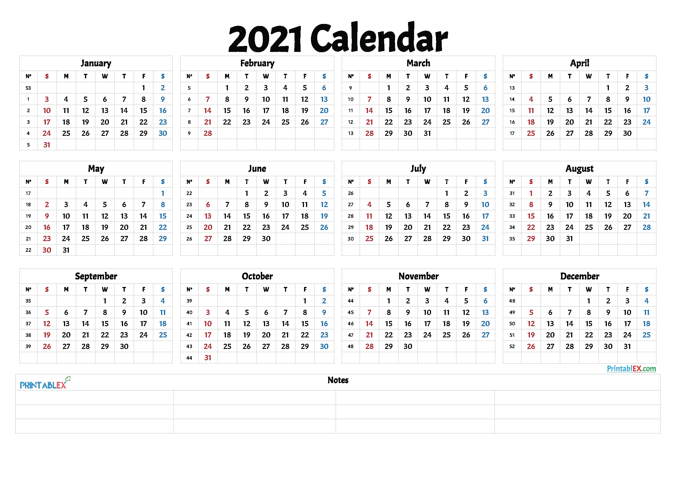 2021 printable yearly calendar with week numbers