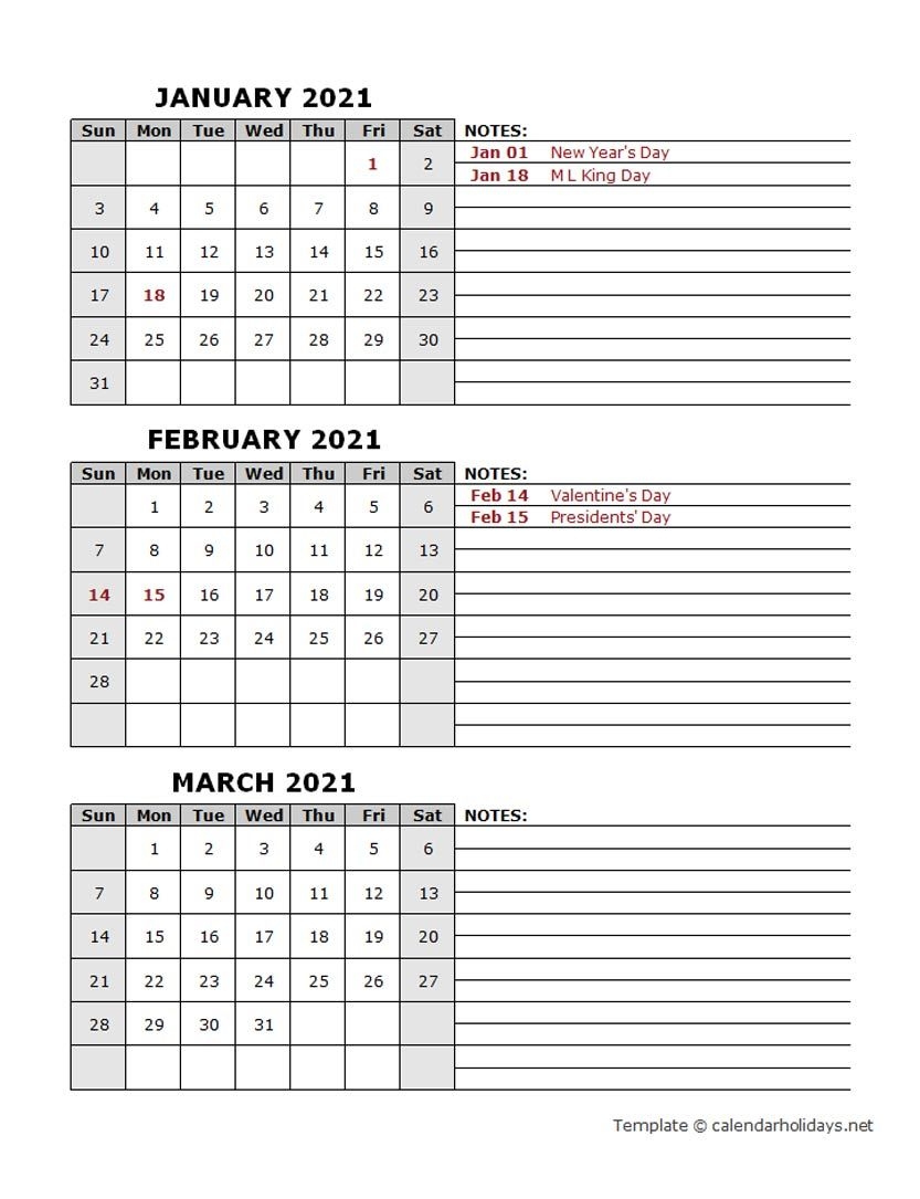 2021 Quarterly Template Calendarholidays