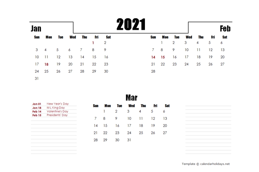 2021 Quarterly Template Calendarholidays