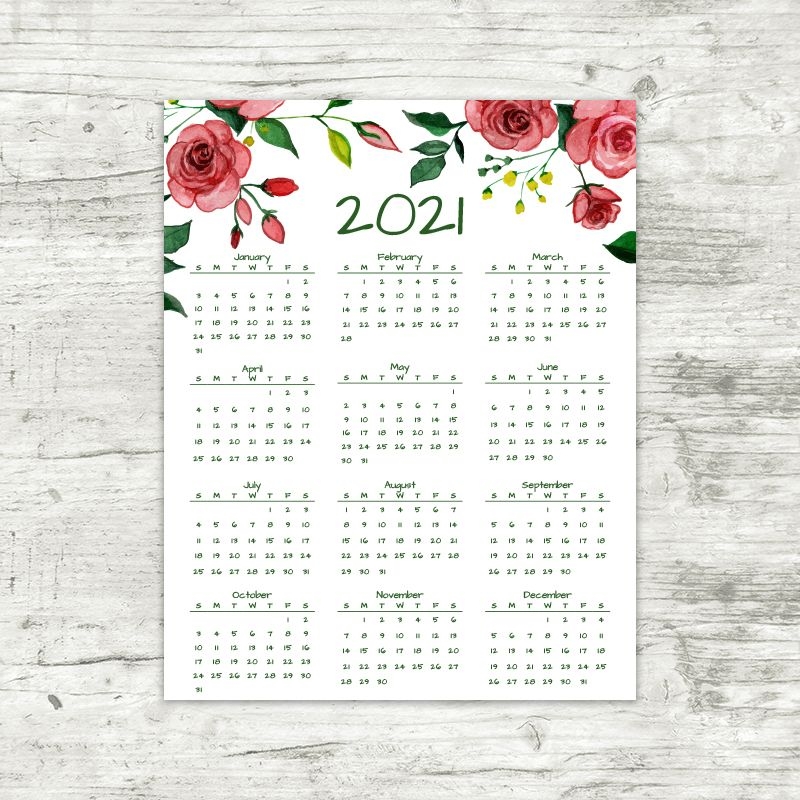 2021 year at a glance calendar | red roses | printable
