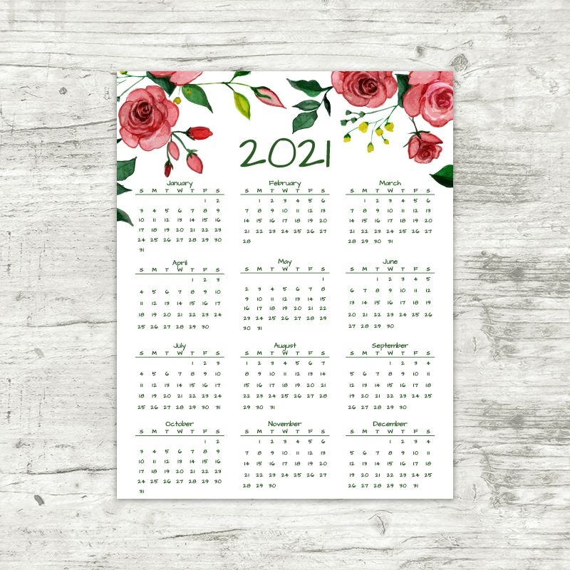 2021 Year At A Glance Calendar | Red Roses | Printable