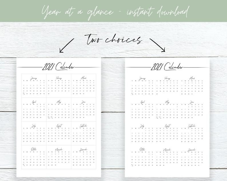 2021 Year At A Glance Calendar Year Printable Planner