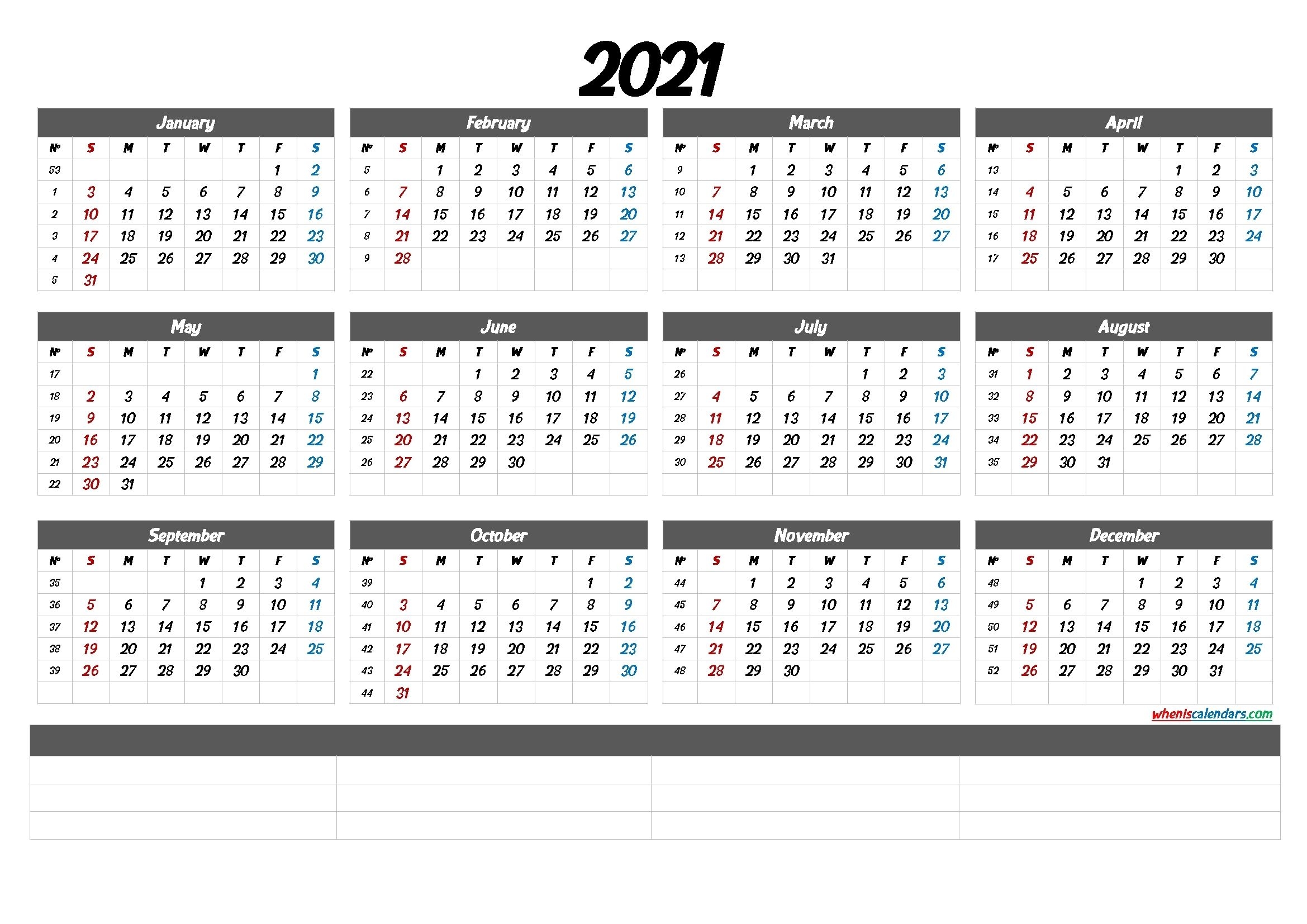 2021 Yearly Calendar With Week Number Printable | Ten Free