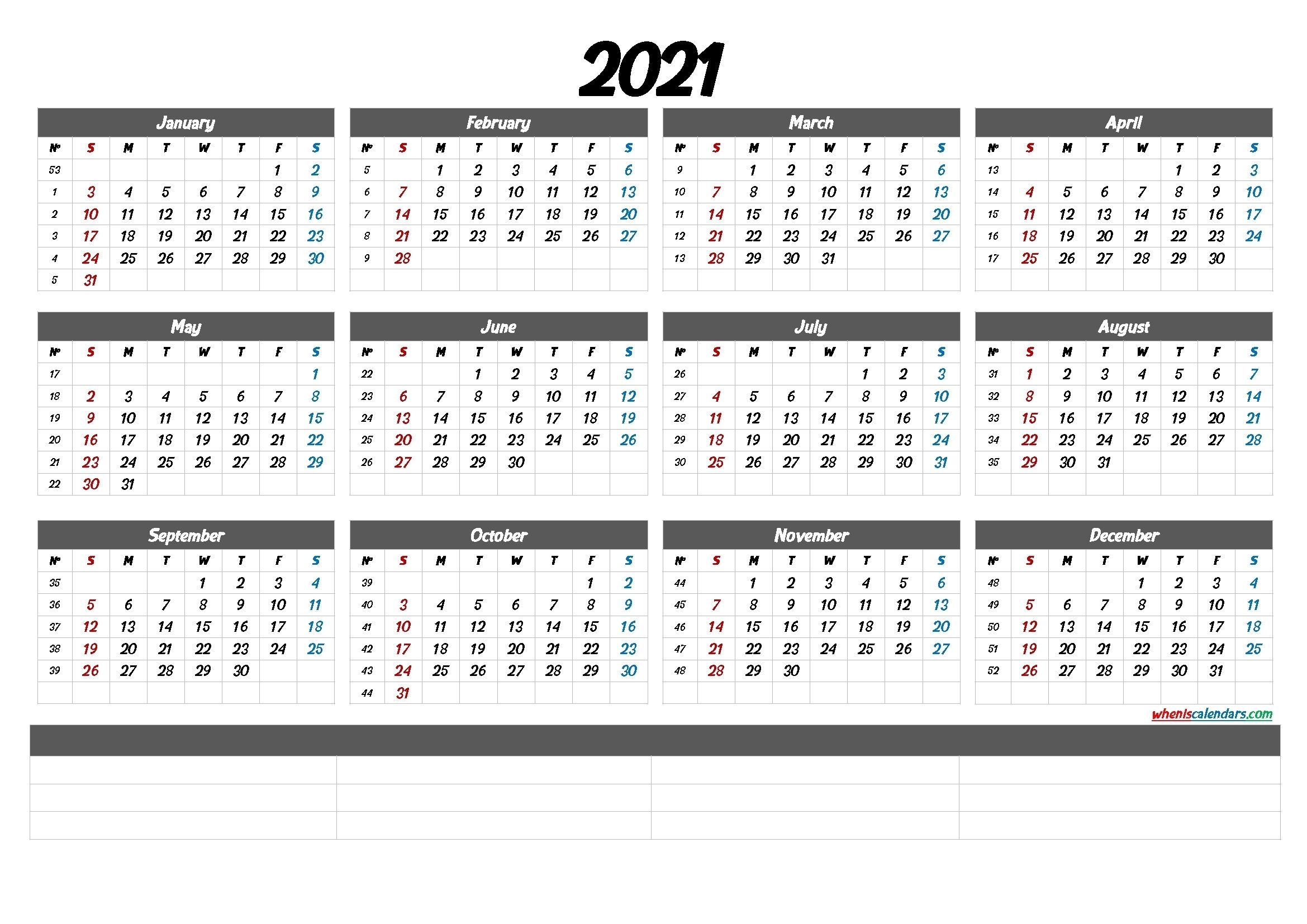 2021 yearly calendar with week number printable | ten free