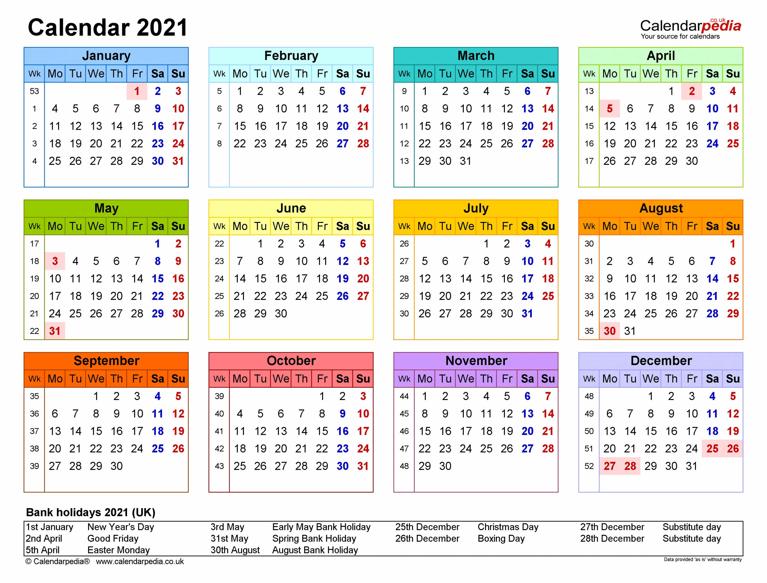 2021 yearly calendar with week numbers