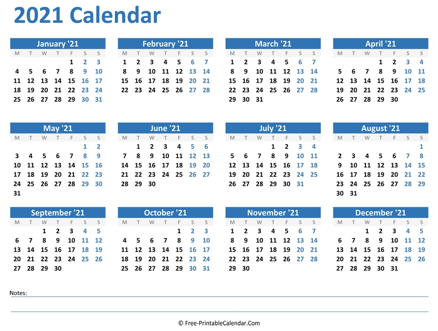 2021 Yearly Calendar