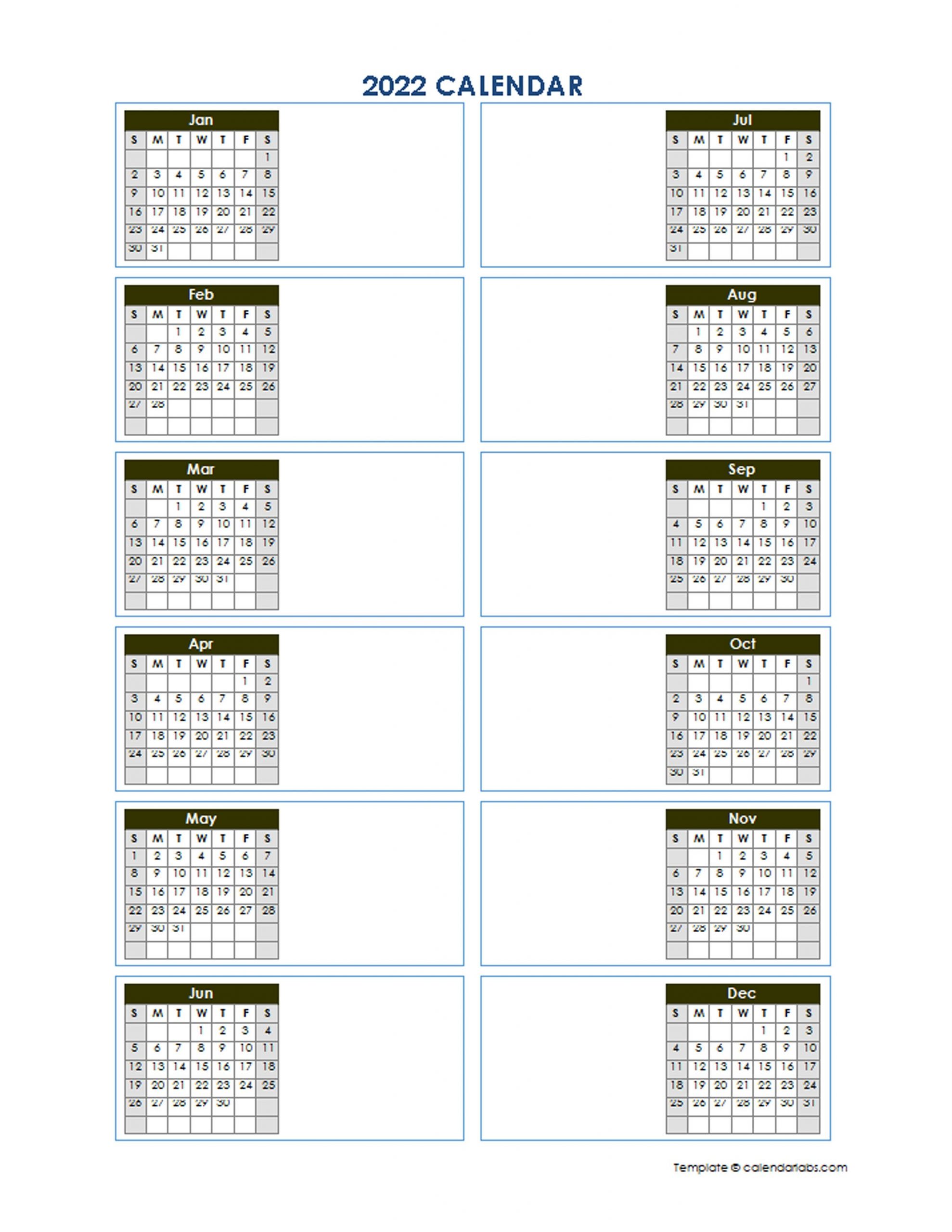 2022 blank yearly calendar template vertical design free