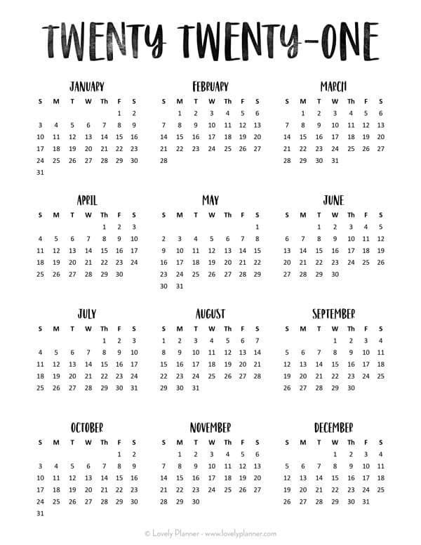 24 Pretty (& Free) Printable One Page Calendars For 2021