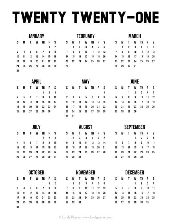 24 Pretty (& Free) Printable One Page Calendars For 2021