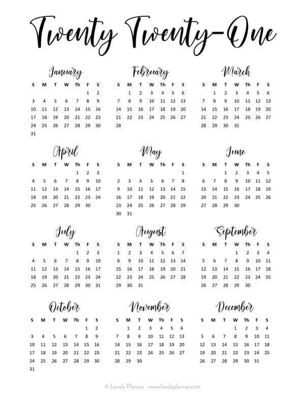24 Pretty (& Free) Printable One Page Calendars For 2021