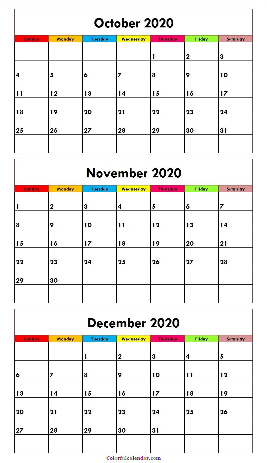 3 month calendar october november december 2020 | free