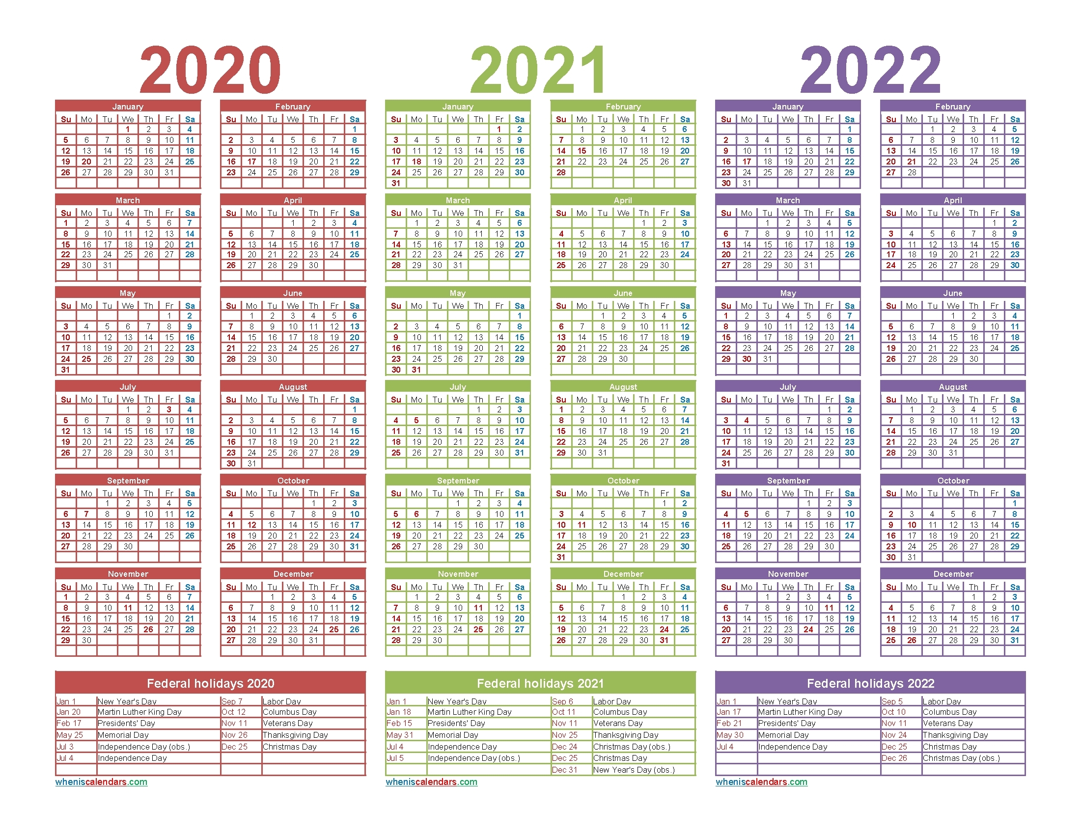 4 year calendar 2020 to 2022 | month calendar printable