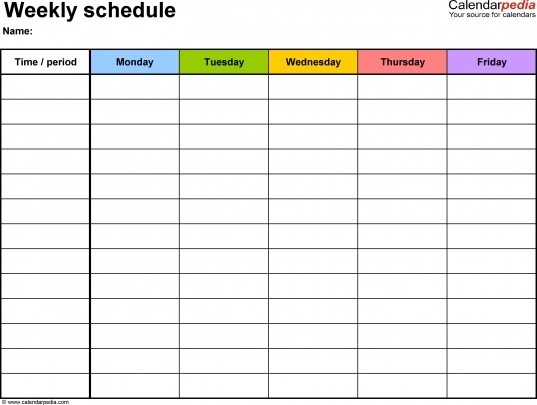 5 day week blank calendar with time slots printable