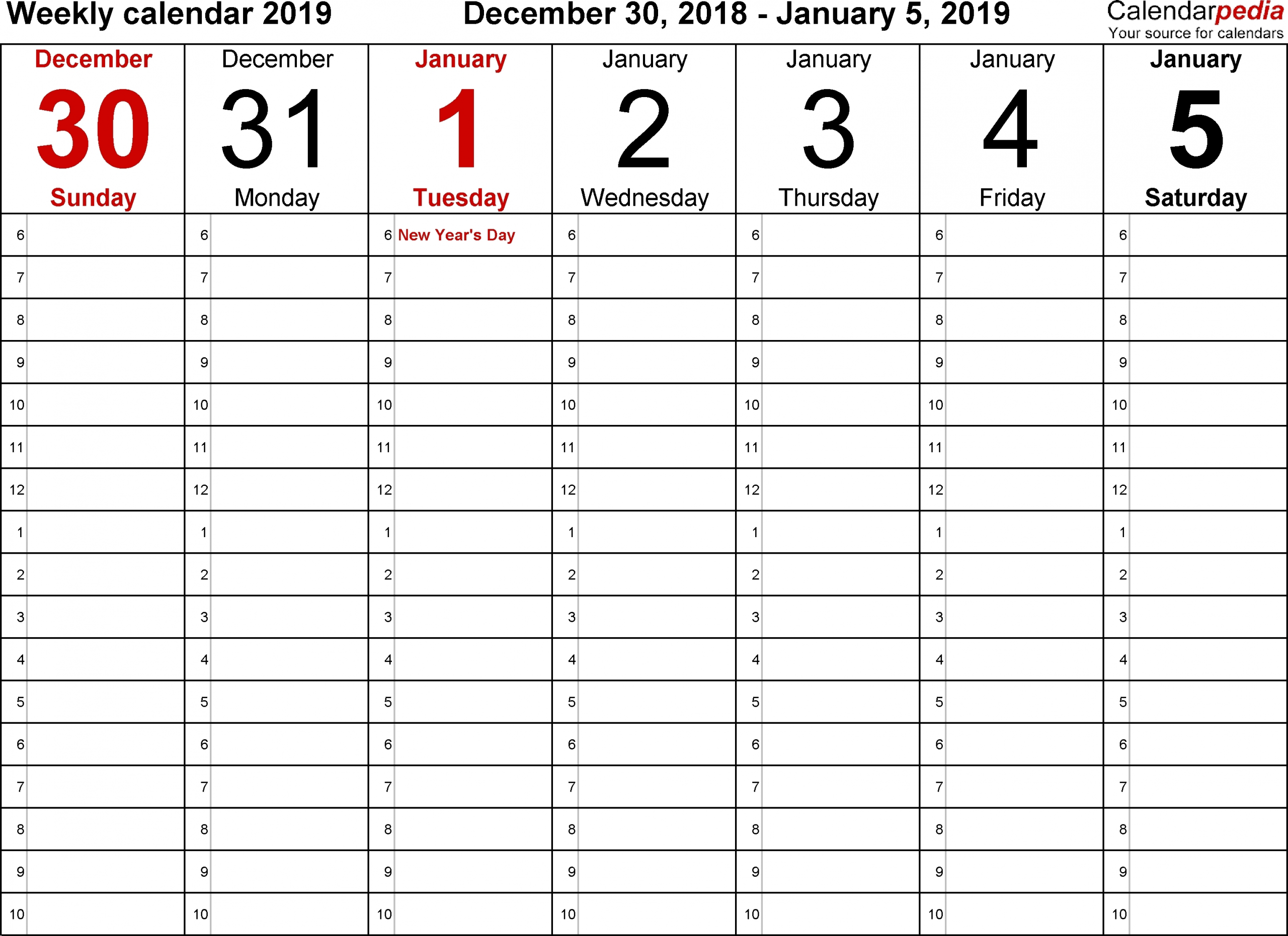 5 day week blank calendar with time slots printable