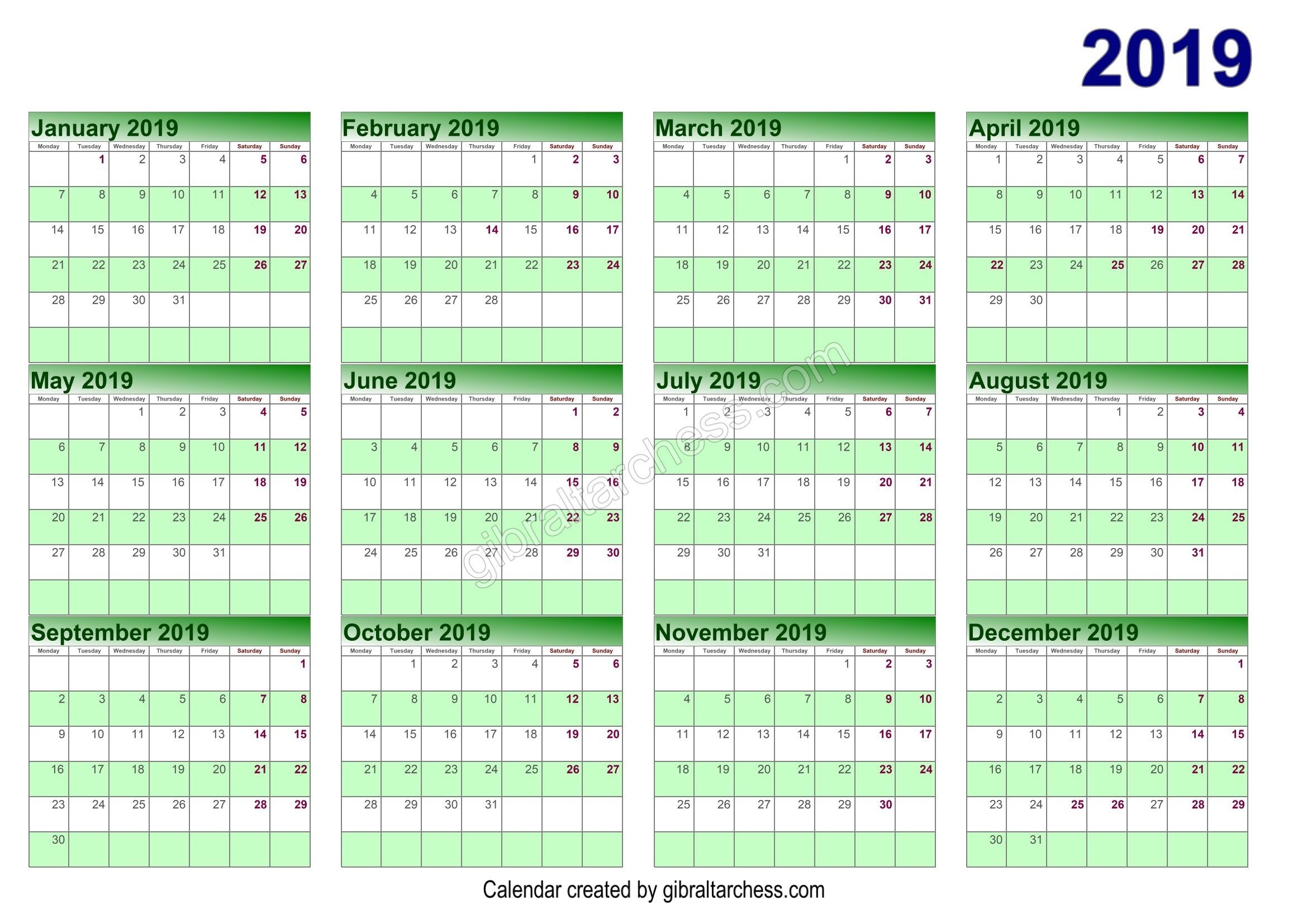 5 Template Excel Calendar 2019 Printable Free (dengan Gambar)