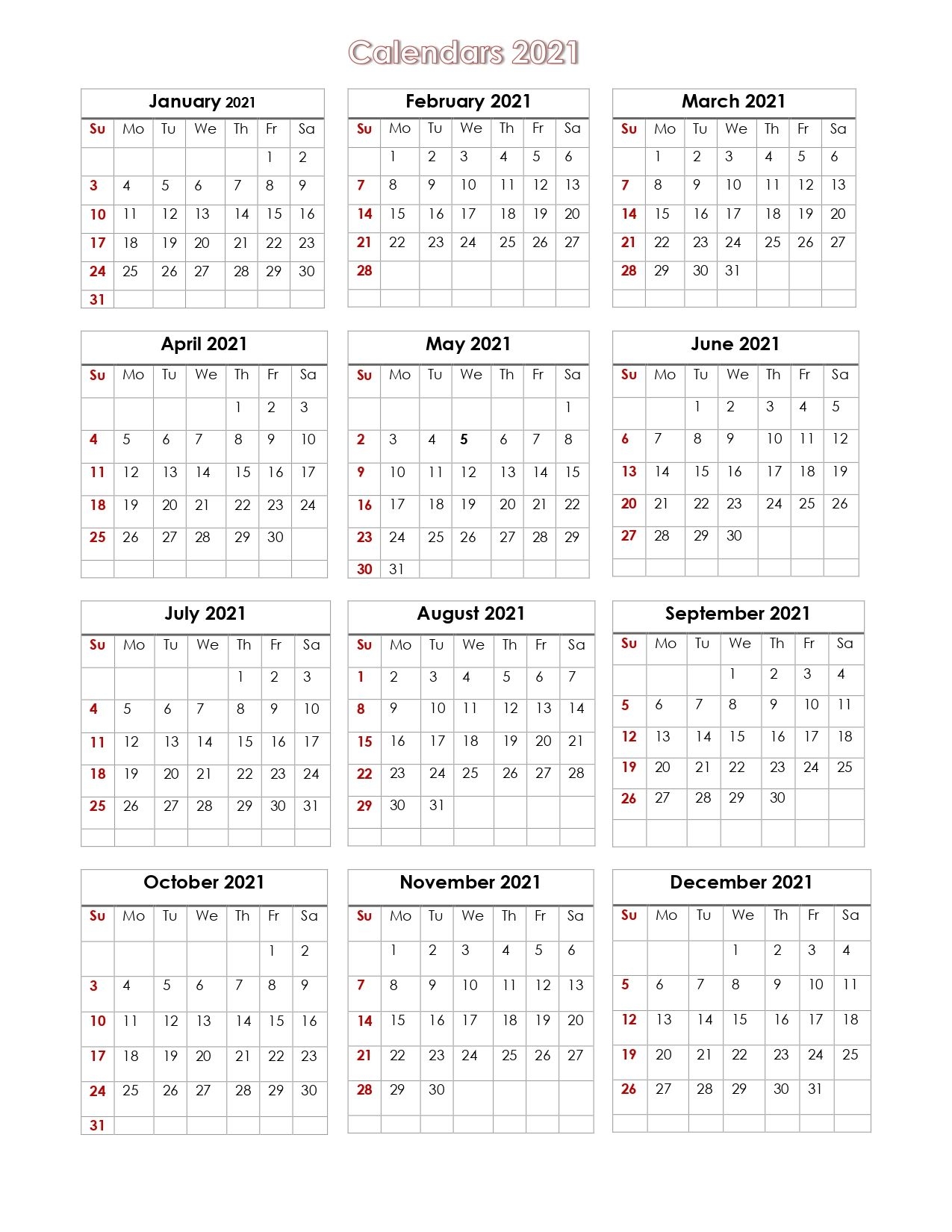 56 printable calendar 2021 one page, us 2021 calendar