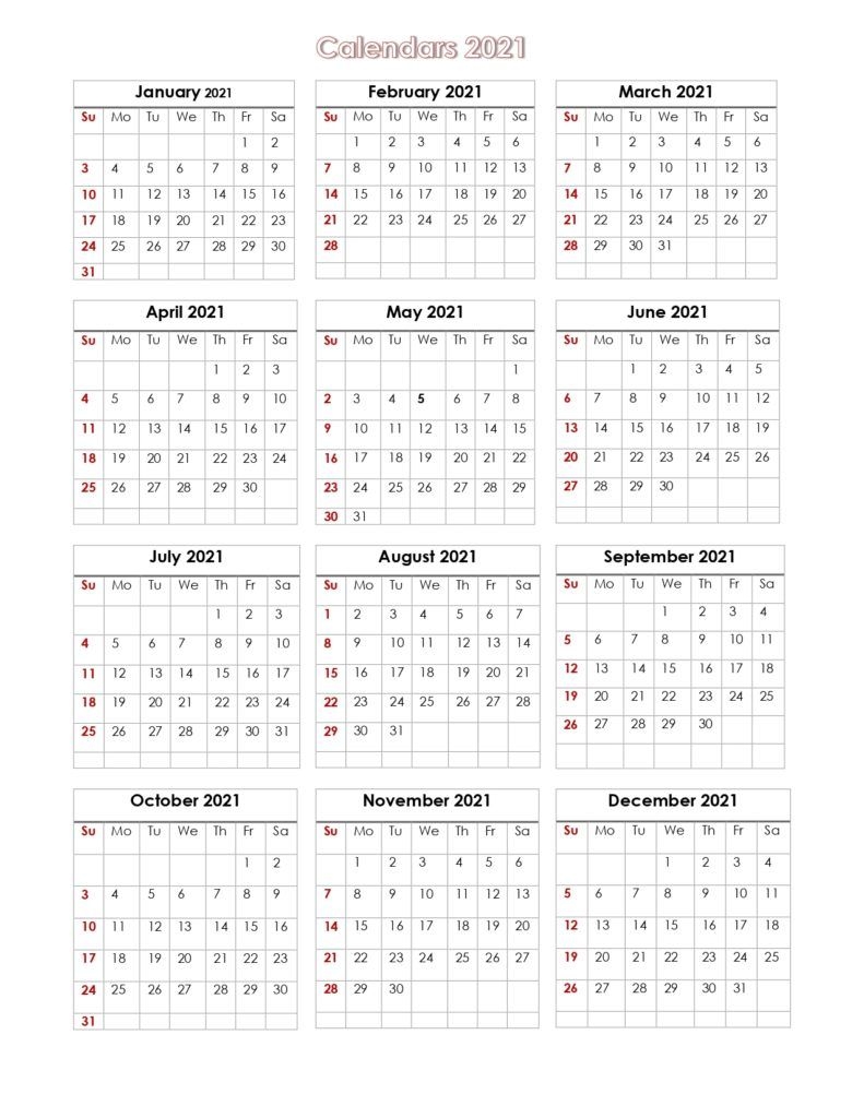 56 printable calendar 2021 one page, us 2021 calendar