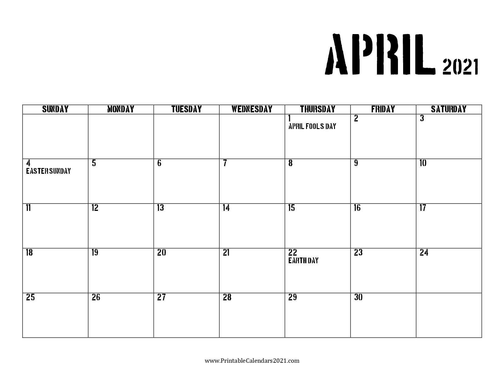 65 April 2021 Calendar Printable With Holidays, Blank